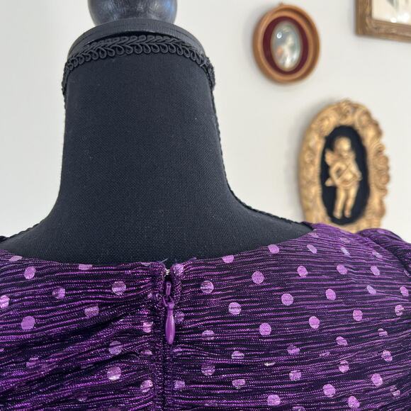 For Love & Lemons Purple Metallic Polka Dot Ruched Puff Sleeve Dress - Picture 5 of 8